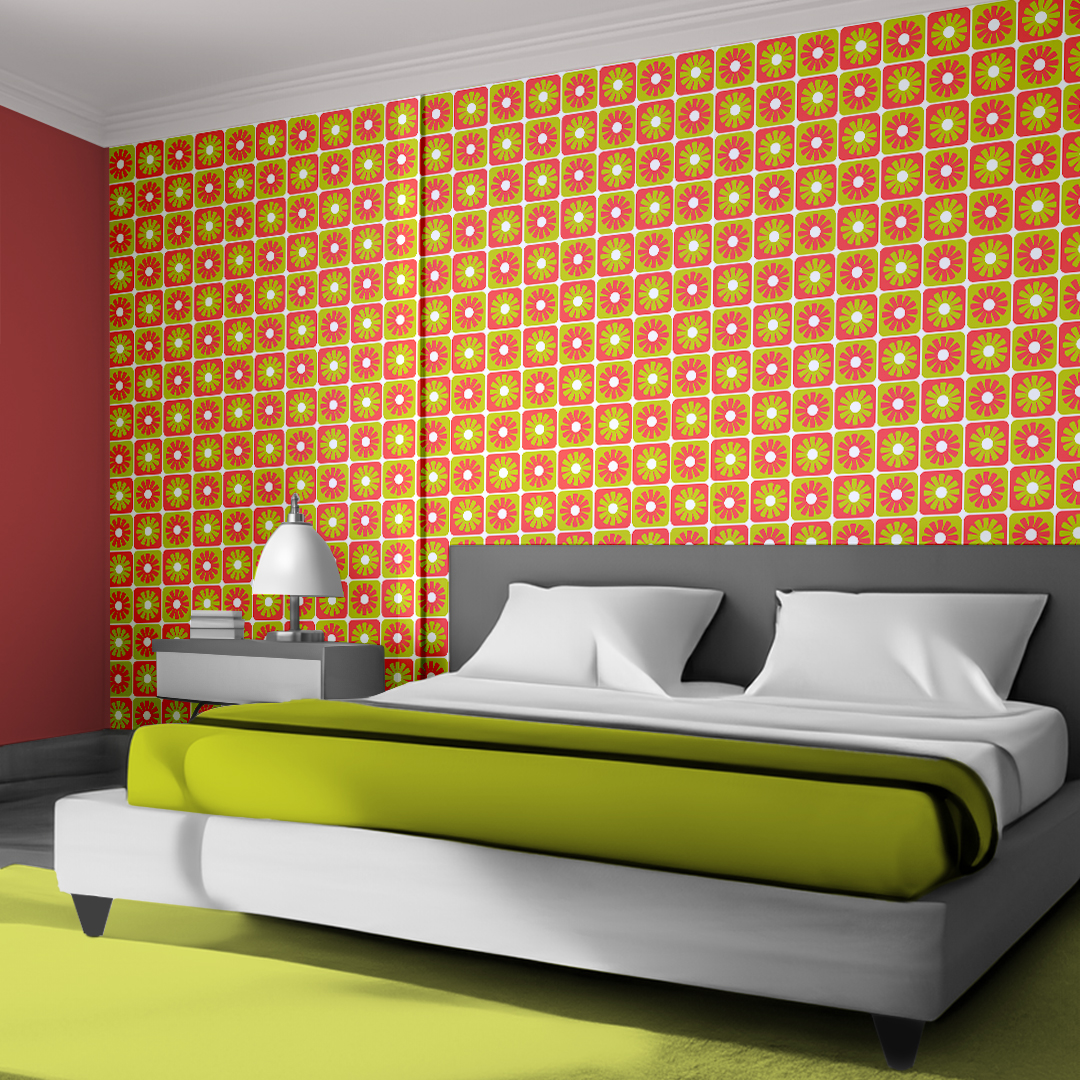 An abstract composition featuring irregular, rounded shapes in vibrant colors. The main colors include bright green, lime green, turquoise, and dark blue, all separated by white, jagged outlines. The shapes overlap and intersect dynamically, forming an energetic and playful pattern. The overall texture has a fabric-like appearance with subtle horizontal and vertical lines running through the colors.